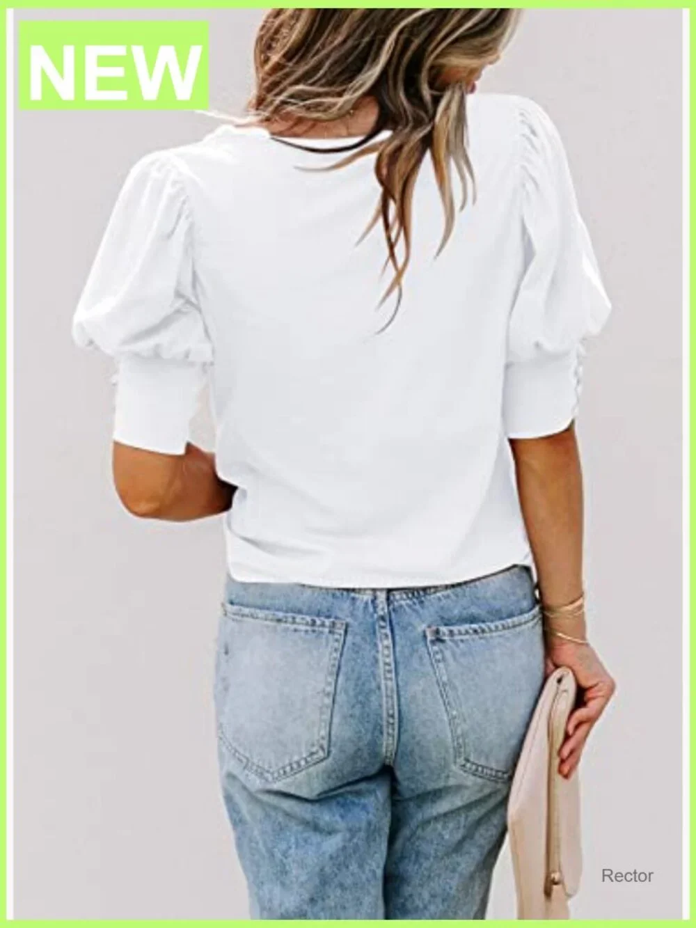 Puff Sleeve Crewneck Loose Casual Blouse Top Summer - Picture 3 of 7